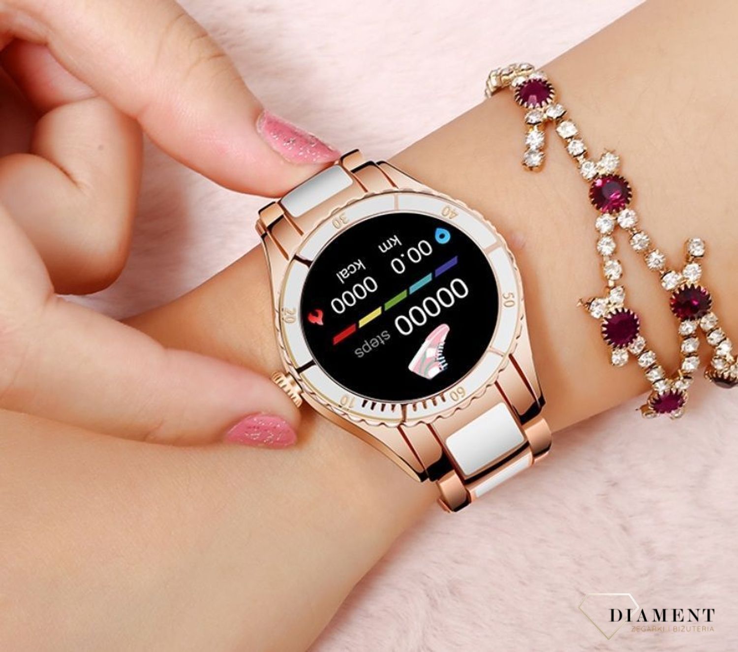 Smartwatch damski Rubicon Różowe złoto z białymi dodatkami RNCE82 Biały (1).jpg